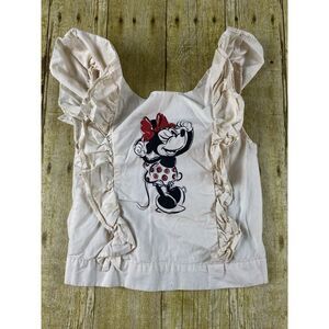 Disney Girls Minnie Mouse Smocked Ruffle Polka Dot Beige Cream‎ Top Size 9/10